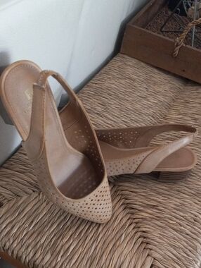 White Mountain Tan Perforated Slingback Low Heel Mules
